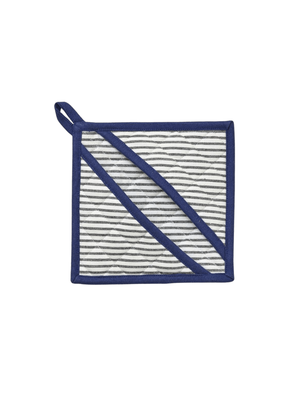 Striped oven mitt with blue border in 'Aux Petits Oignons' style from Sylvie Thiriez on a transparent background | Twentyseven Toronto