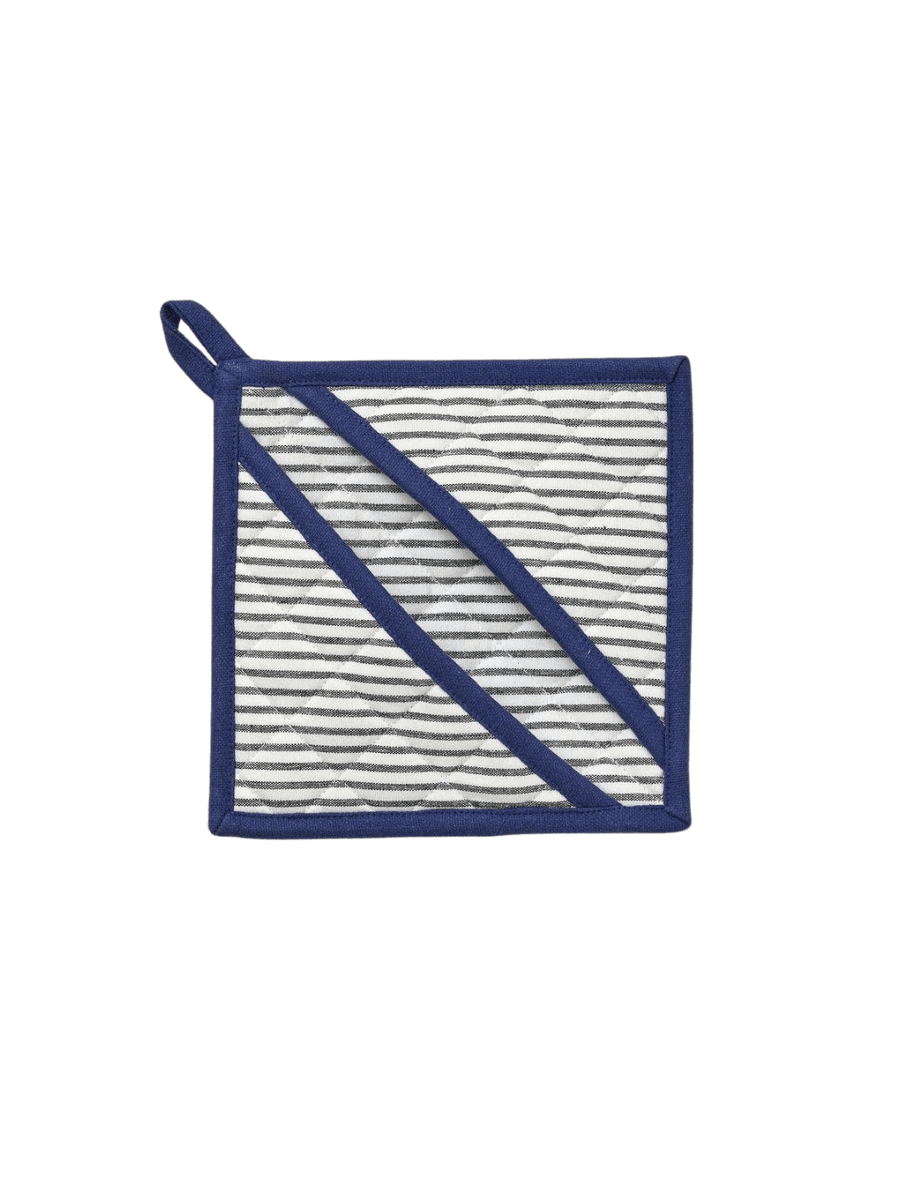 Striped oven mitt with blue border in 'Aux Petits Oignons' style from Sylvie Thiriez on a transparent background | Twentyseven Toronto