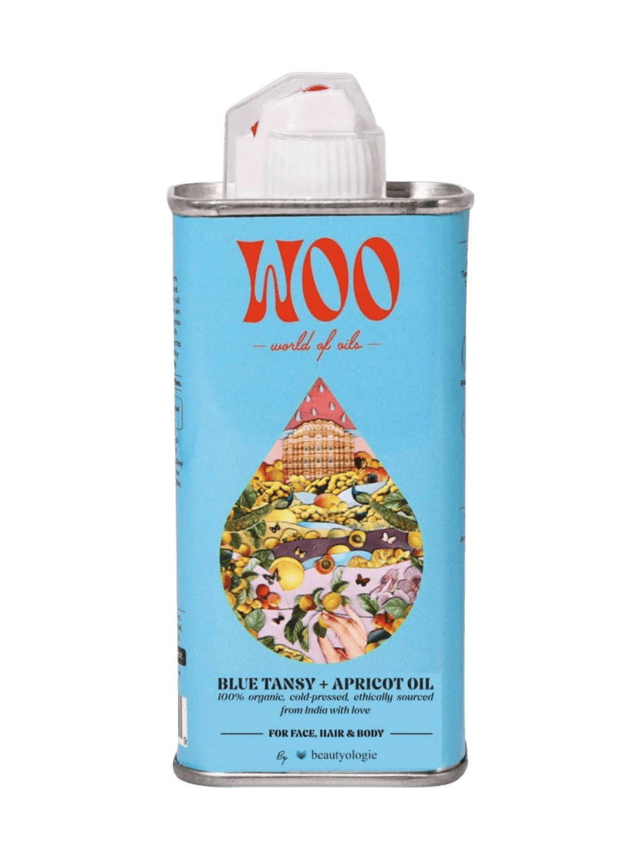 Blue tin can of WOO World of Oils Organic Blue Tansy + Apricot Oil with a colourful label | 3.4 oz | 100 ml | Twentyseven Toronto