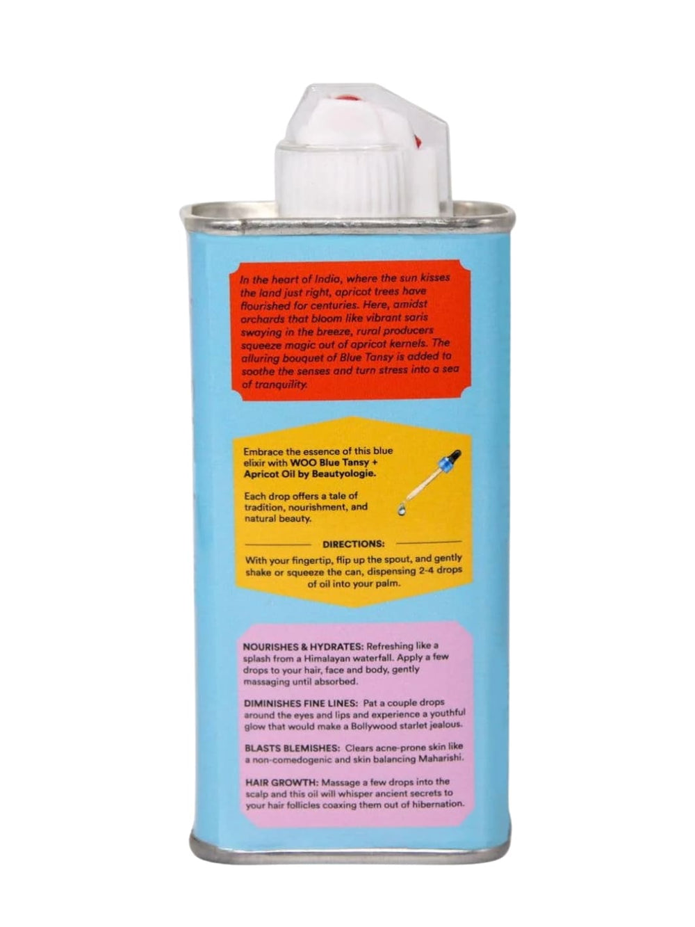 Back label blue tin can of WOO World of Oils Organic Blue Tansy + Apricot Oil | 3.4 oz | 100 ml | Twentyseven Toronto