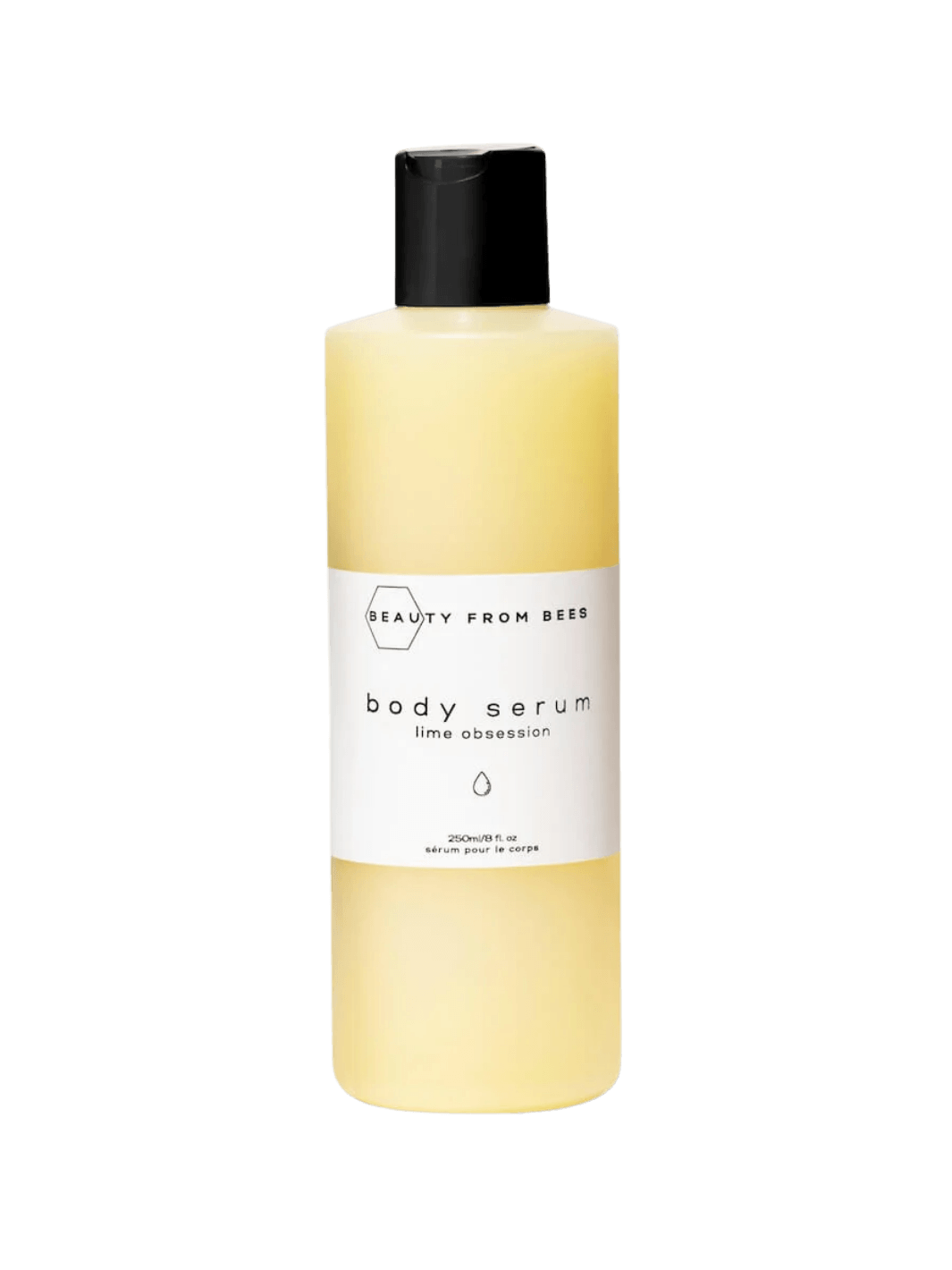 A studio product shot of a bottle of Beauty from Bees Body Serum in Lime Obsession with a black cap | Twentyseven