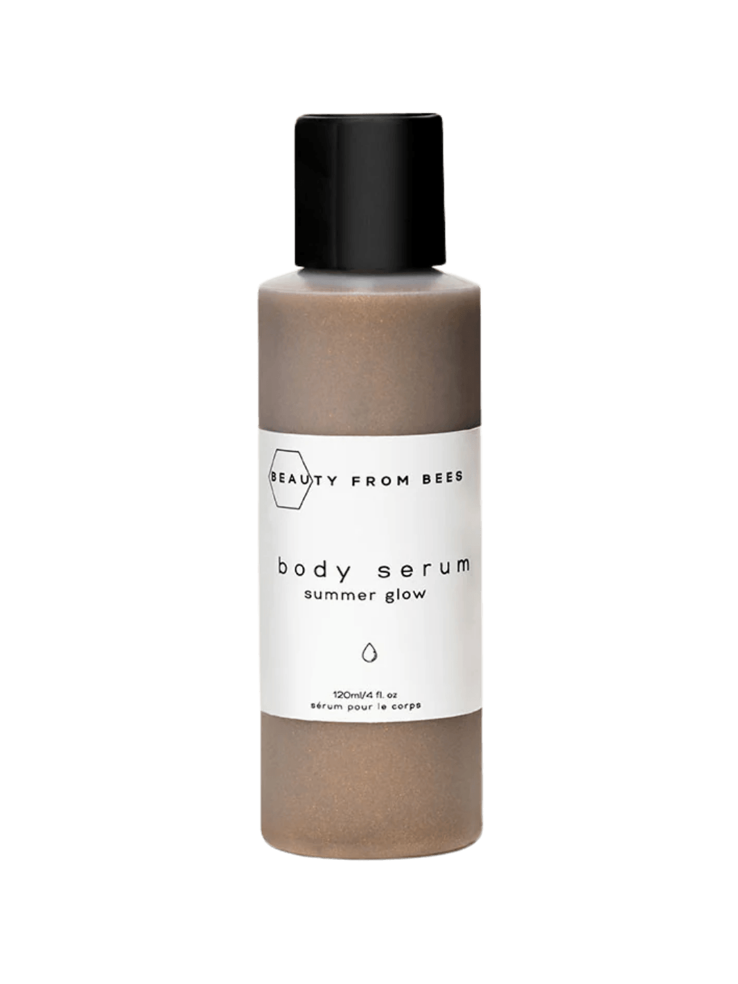 A 120ml bottle of Beauty from Bees Body Serum - Summer Glow filled with shimmery golden liquid | Twentyseven Toronto