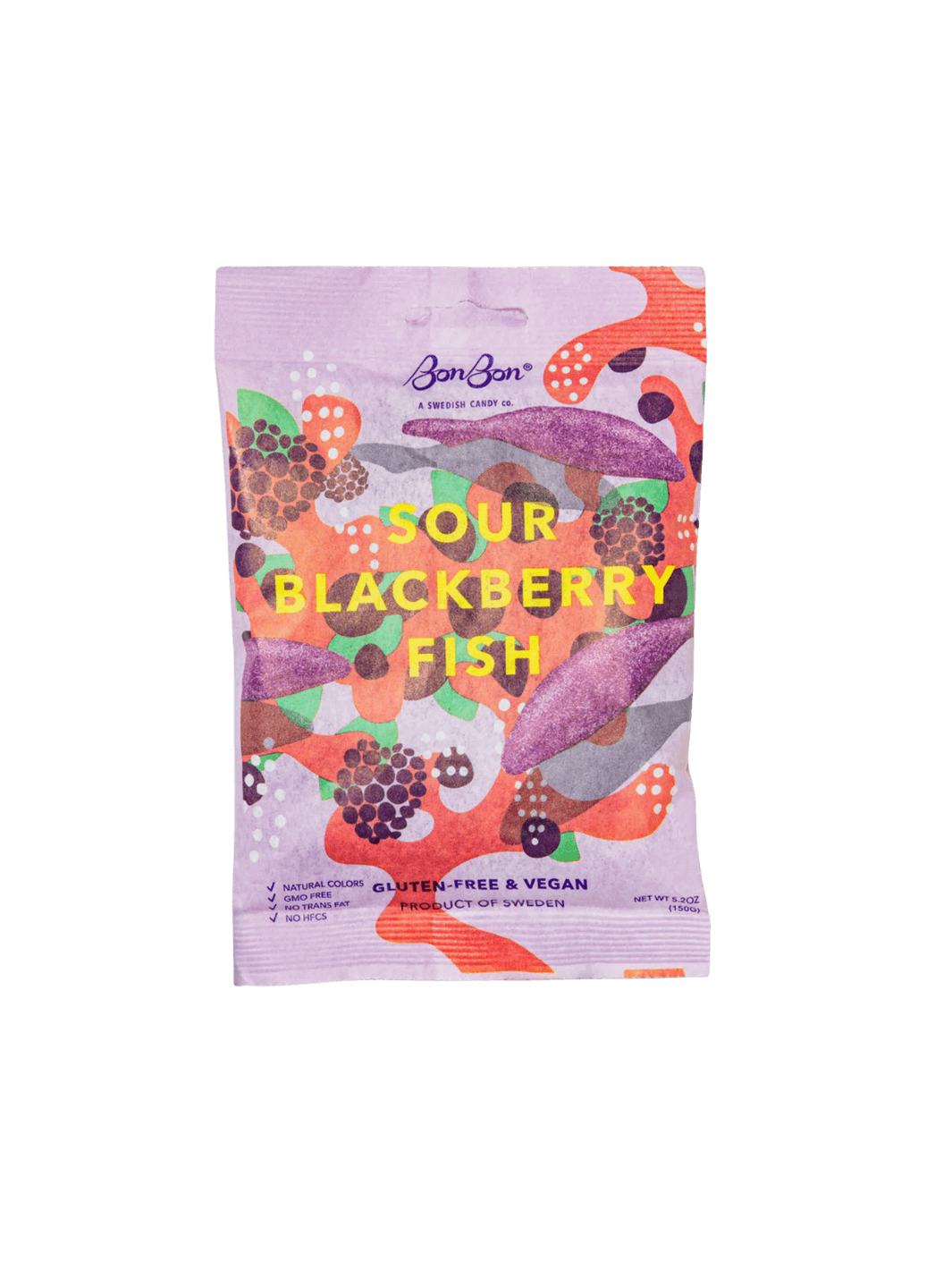 A stand-up pouch of BonBon Sour Blackberry Fish snack, featuring a colorful illustration of fish and blackberries on a light pink background | Twentyseven Toronto