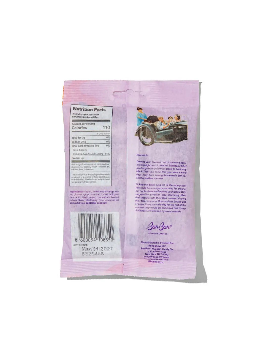 The back of a light pink packaging for BonBon Sour Blackberry Fish showing the nutrition facts panel, a barcode, a small vintage car illustration, and printed text on a white background | Twentyseven Toronto