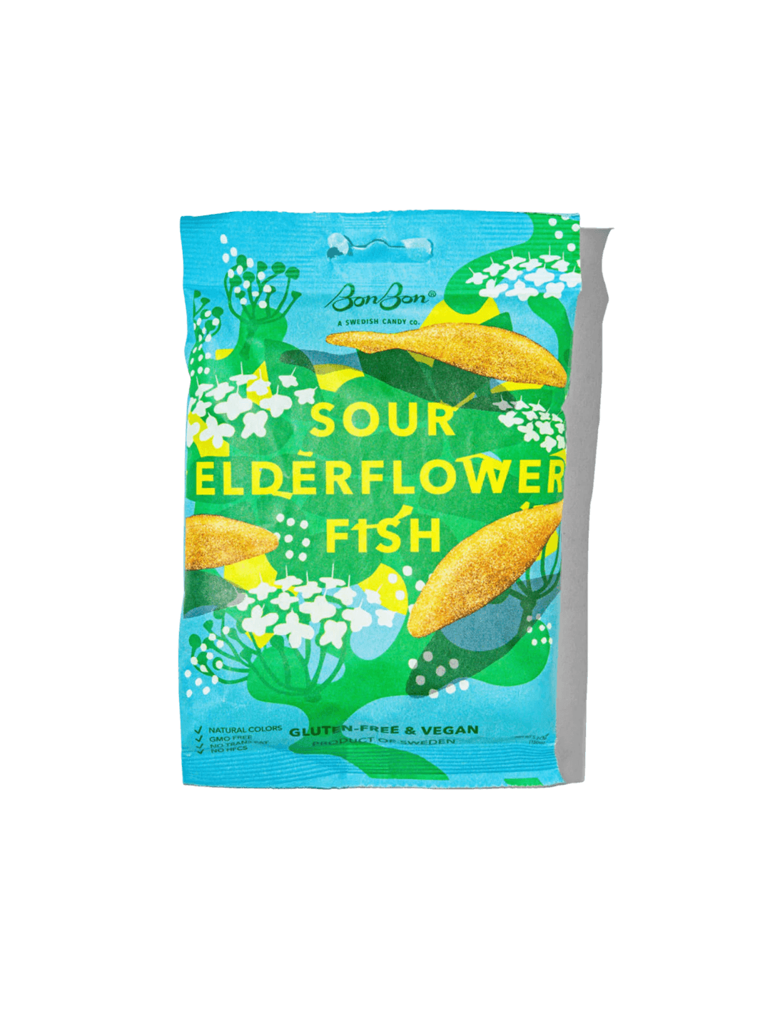A bag of BonBon's Sour Elderflower Fish gummy candies featuring bright blue-green packaging decorated with illustrations of white elderflower blossoms, green leaves, and yellow-orange fish | Twentyseven Toronto