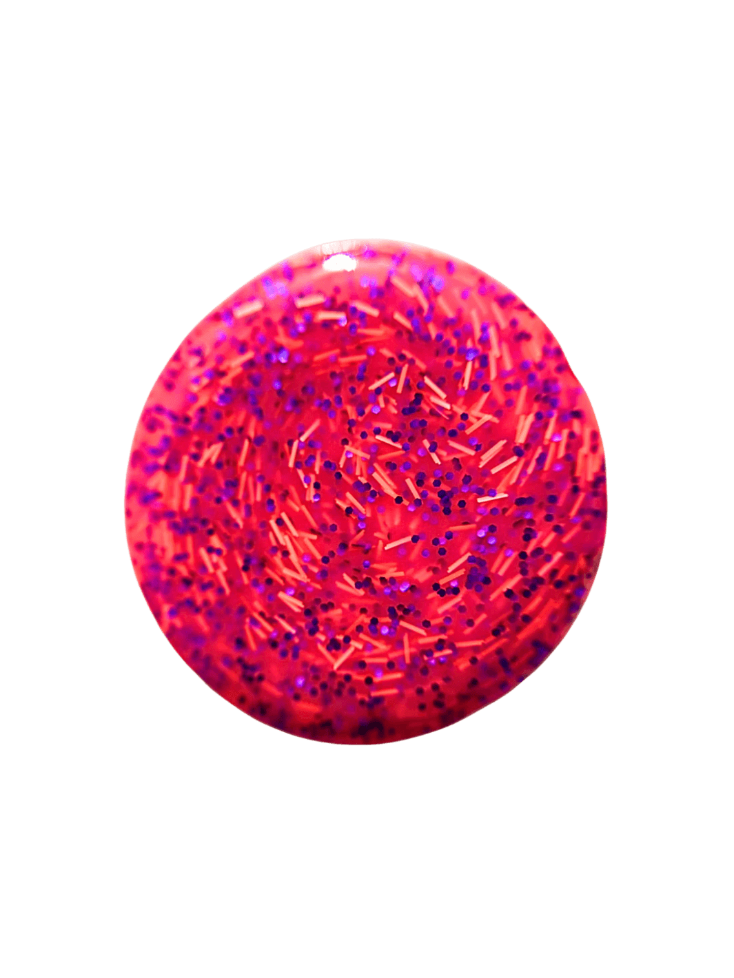 Circular color swatch displays a dollop of Death Valley Nails Bone Daddy Nail Polish, showing its vibrant neon pink jelly base packed with purple hex glitter and orange bar shreds | Twentyseven Toronto