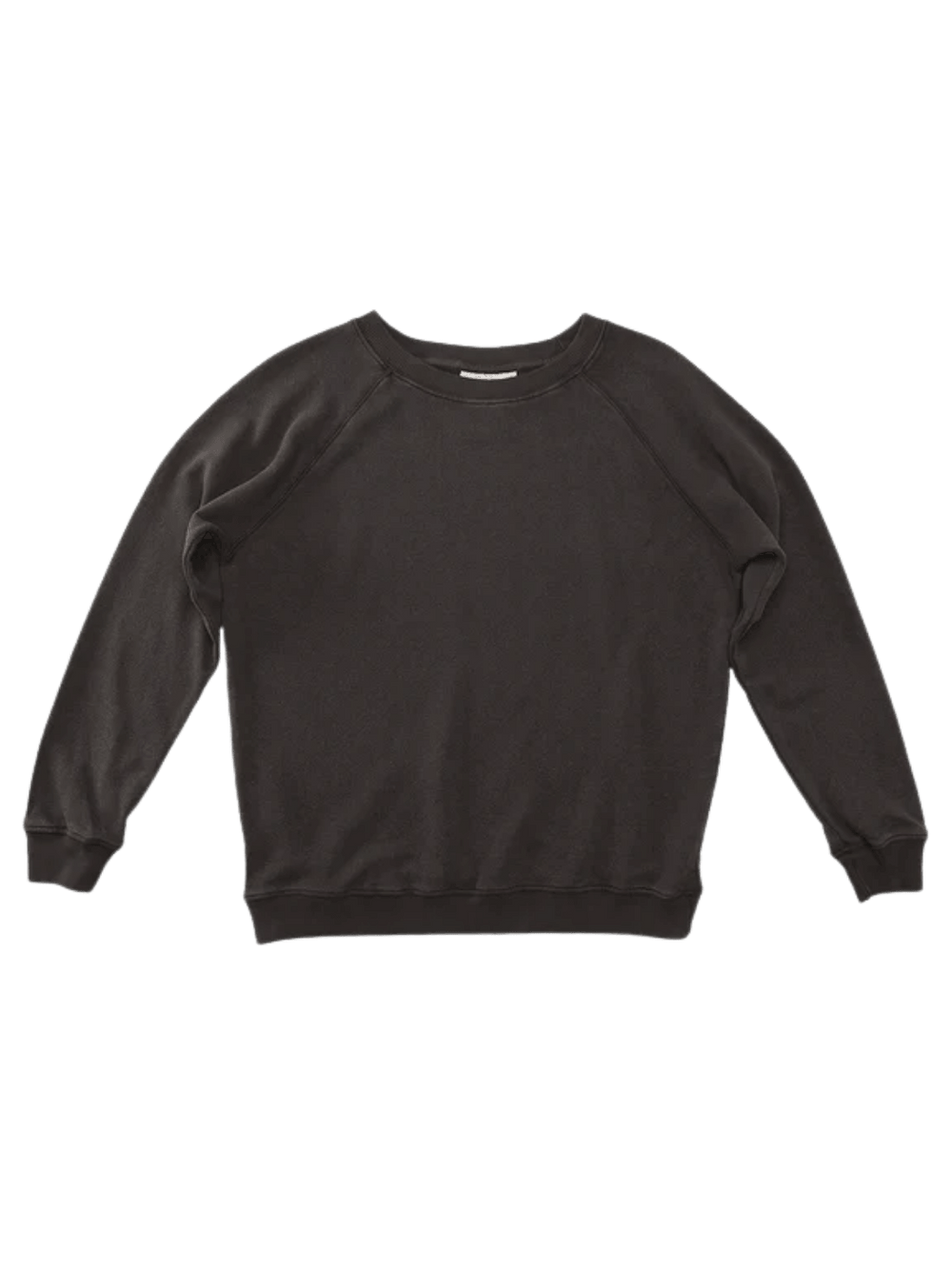 A flat lay product image displays the classic crewneck, ribbed cuffs, and raglan sleeves of the dark brown Jungmaven Bonfire Raglan Sweatshirt - Coffee Bean | Twentyseven Toronto