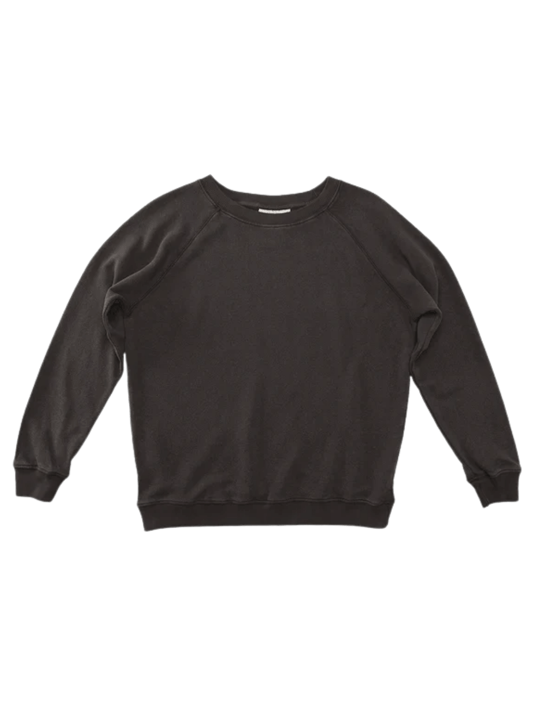 A flat lay product image displays the classic crewneck, ribbed cuffs, and raglan sleeves of the dark brown Jungmaven Bonfire Raglan Sweatshirt - Coffee Bean | Twentyseven Toronto