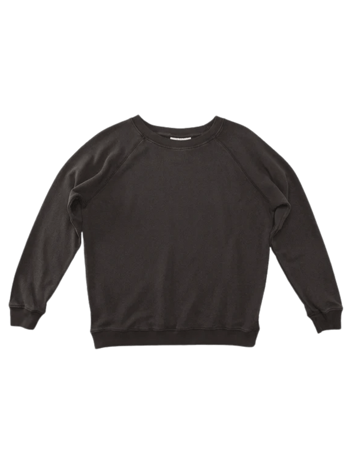 A flat lay product image displays the classic crewneck, ribbed cuffs, and raglan sleeves of the dark brown Jungmaven Bonfire Raglan Sweatshirt - Coffee Bean | Twentyseven Toronto