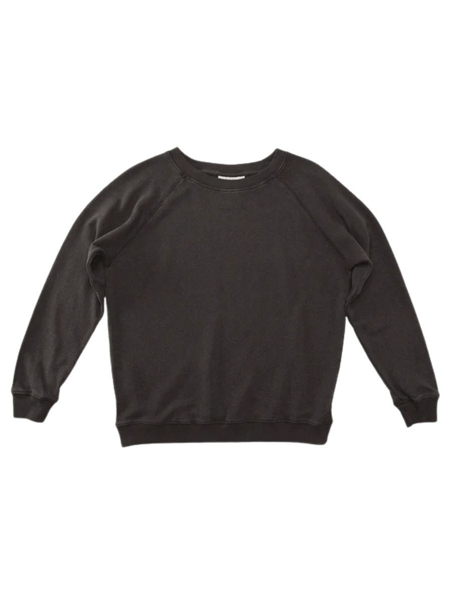 A flat lay product image displays the classic crewneck, ribbed cuffs, and raglan sleeves of the dark brown Jungmaven Bonfire Raglan Sweatshirt - Coffee Bean | Twentyseven Toronto