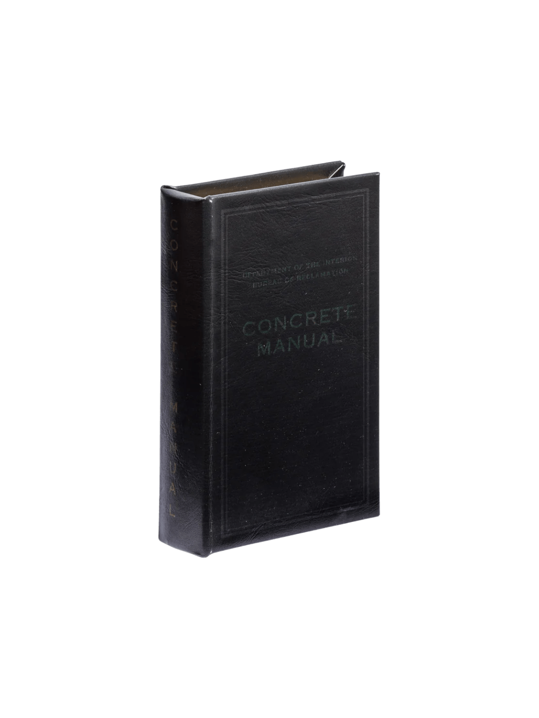 The Book Box - Concrete Manual BK from Puebco replicates a vintage technical manual with its black leatherette texture and dark debossed lettering | Twentyseven Toronto