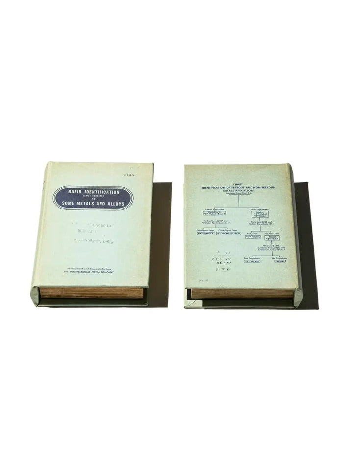 Both the front and back covers of the Book Box - Metals and Alloys from Puebco are displayed flat against a clean white surface | Twentyseven Toronto