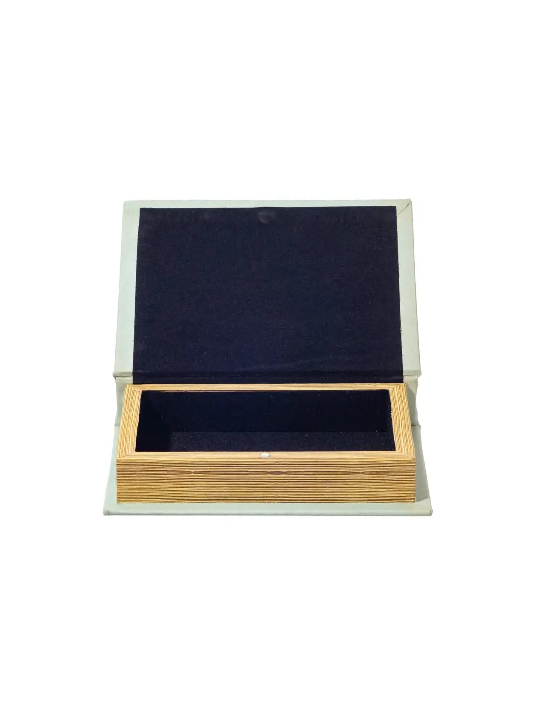 The Book Box - Metals and Alloys from Puebco is shown wide open, revealing a hollow wooden storage compartment lined with dark fabric | Twentyseven Toronto