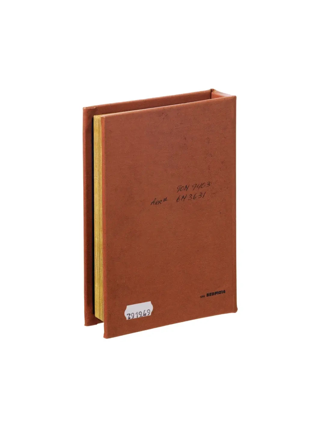 The back cover of a brown Book Box - Vehicular Engine from Puebco features handwritten catalog markings and a small white serial number sticker at the bottom | Twentyseven Toronto