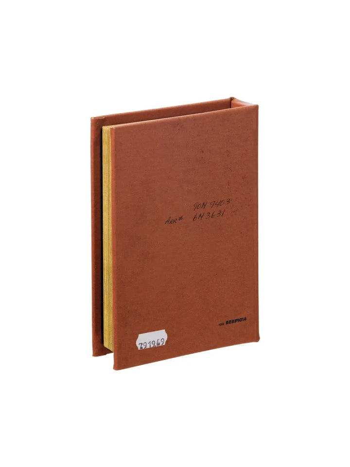 The back cover of a brown Book Box - Vehicular Engine from Puebco features handwritten catalog markings and a small white serial number sticker at the bottom | Twentyseven Toronto