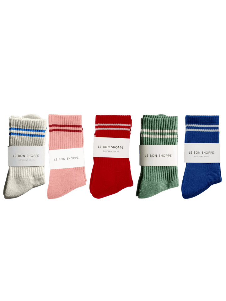 Five pairs of colourful Le Bon Shoppe Boyfriend Socks in 'Ice', 'Cobalt', 'Vintage Pink', 'Meadow', and 'Red' | Twentyseven Toronto