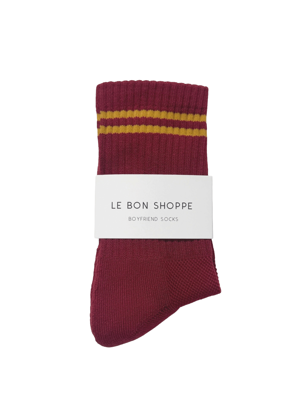 Le Bon Shoppe Boyfriend Socks in Cardinal red with golden yellow contrast stripes and branded packaging | Twentyseven Toronto