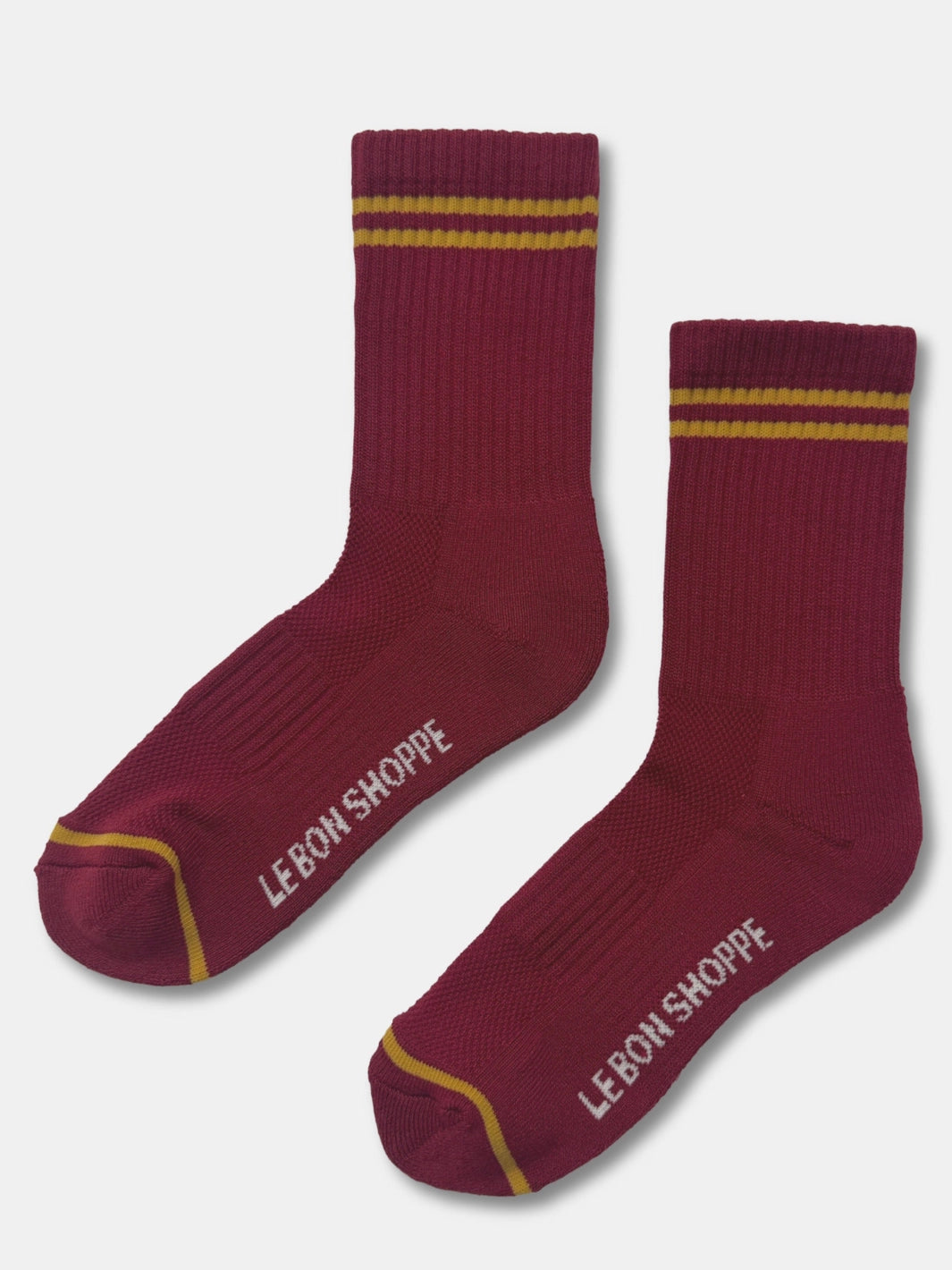 Le Bon Shoppe Boyfriend Socks in Cardinal red with golden yellow contrast stripes and Le Bon Shoppe logo detailing | Twentyseven Toronto