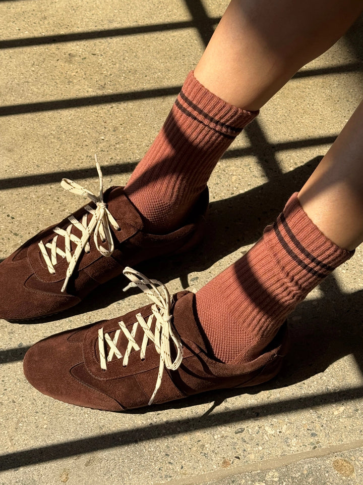 Le Bon Shoppe Boyfriend Socks in Clay styled with brown suede sneakers | Twentyseven Toronto