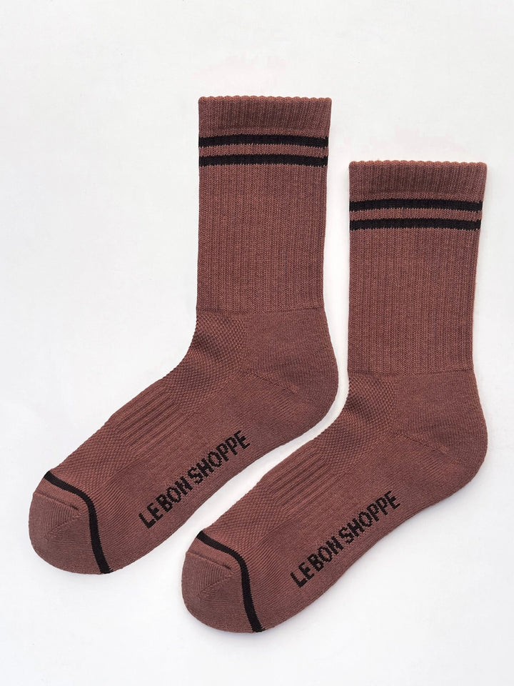 Le Bon Shoppe Boyfriend Socks in Clay with dark contrast stripes and logo detailing | Twentyseven Toronto