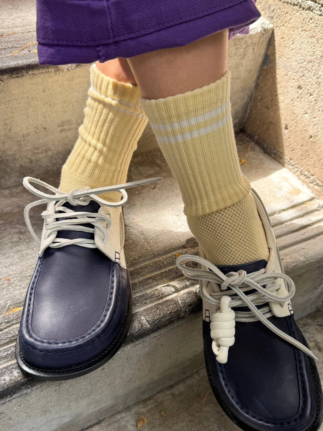 Le Bon Shoppe Boyfriend Socks in Lemonade styled with navy and cream lace-up shoes | Twentyseven Toronto