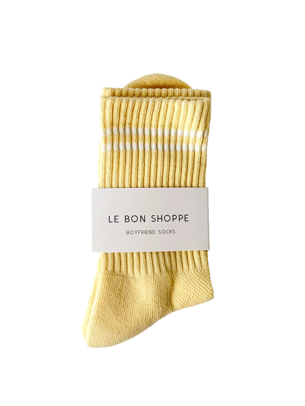 Le Bon Shoppe Boyfriend Socks in Lemonade with white contrast stripes and branded packaging | Twentyseven Toronto