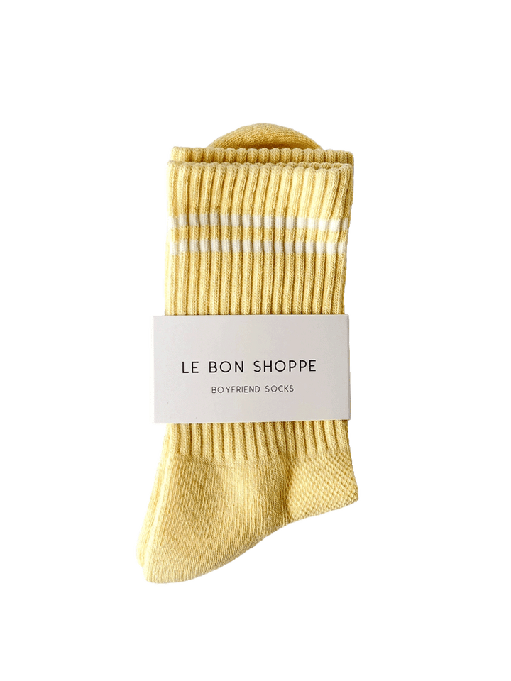 Le Bon Shoppe Boyfriend Socks in Lemonade with white contrast stripes and branded packaging | Twentyseven Toronto