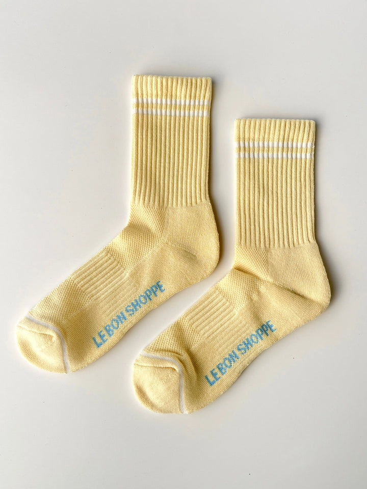 Le Bon Shoppe Boyfriend Socks in Lemonade with white contrast stripes and blue logo detailing | Twentyseven Toronto