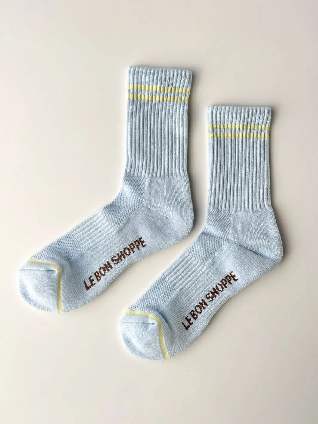 Pair of light blue with yellow stripes Boyfriend Socks in 'Pastel Sky' from Le Bon Shoppe | Twentyseven Toronto