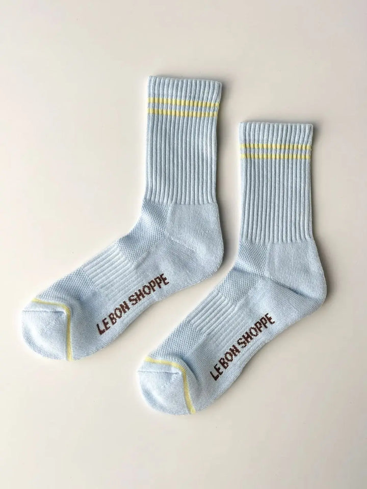 Pair of light blue with yellow stripes Boyfriend Socks in 'Pastel Sky' from Le Bon Shoppe | Twentyseven Toronto