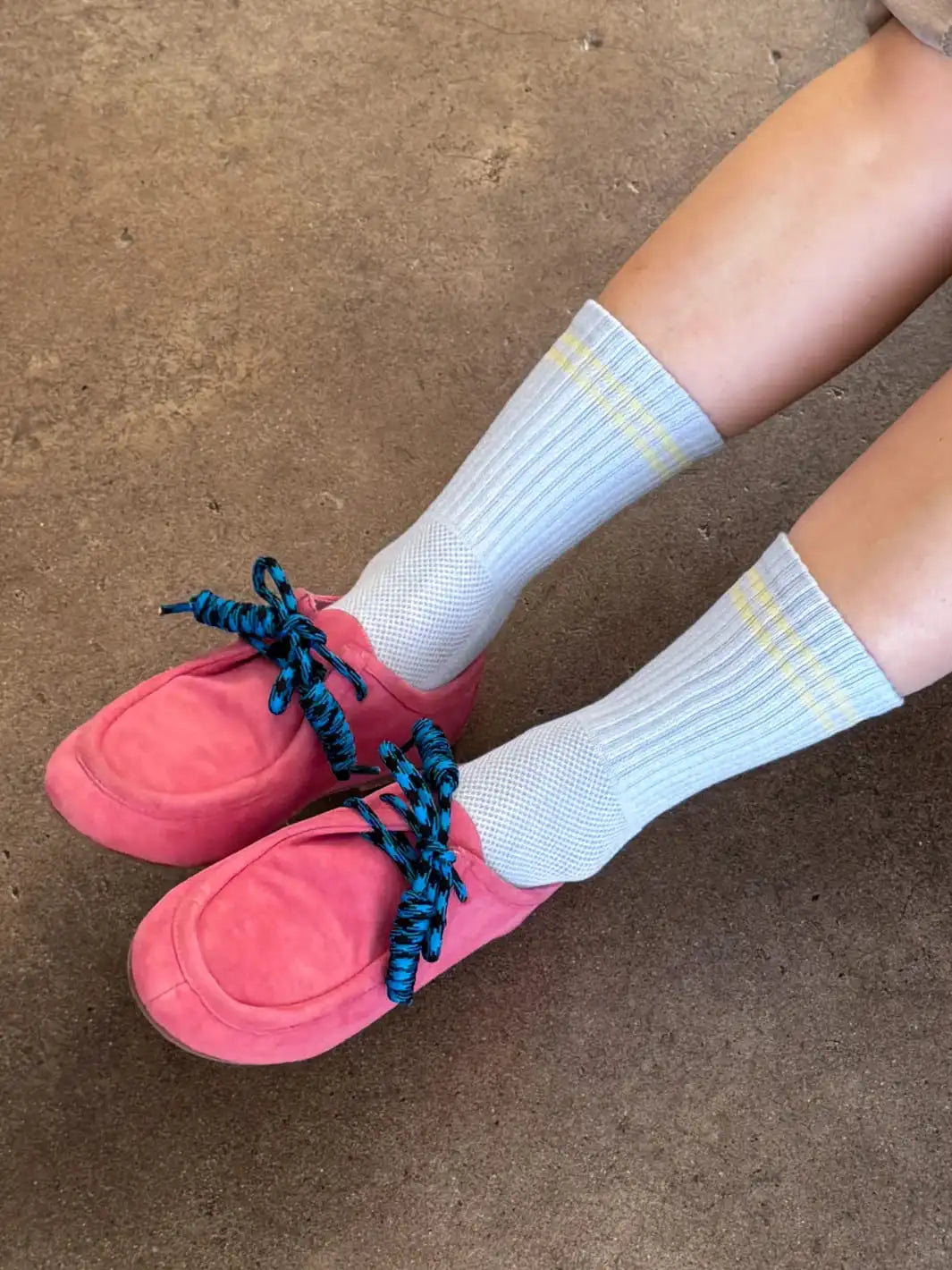 Light blue with yellow stripes Boyfriend Socks in 'Pastel Sky' from Le Bon Shoppe styled with pink shoes | Twentyseven Toronto