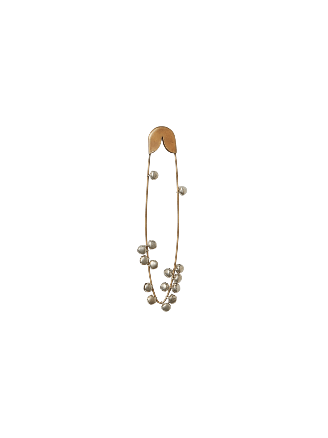 Fog Linen Work Brass Safety Pin Bell Small showing the slender brass pin adorned with several small, dangling metallic bells against a transparent background | Twentyseven Toronto