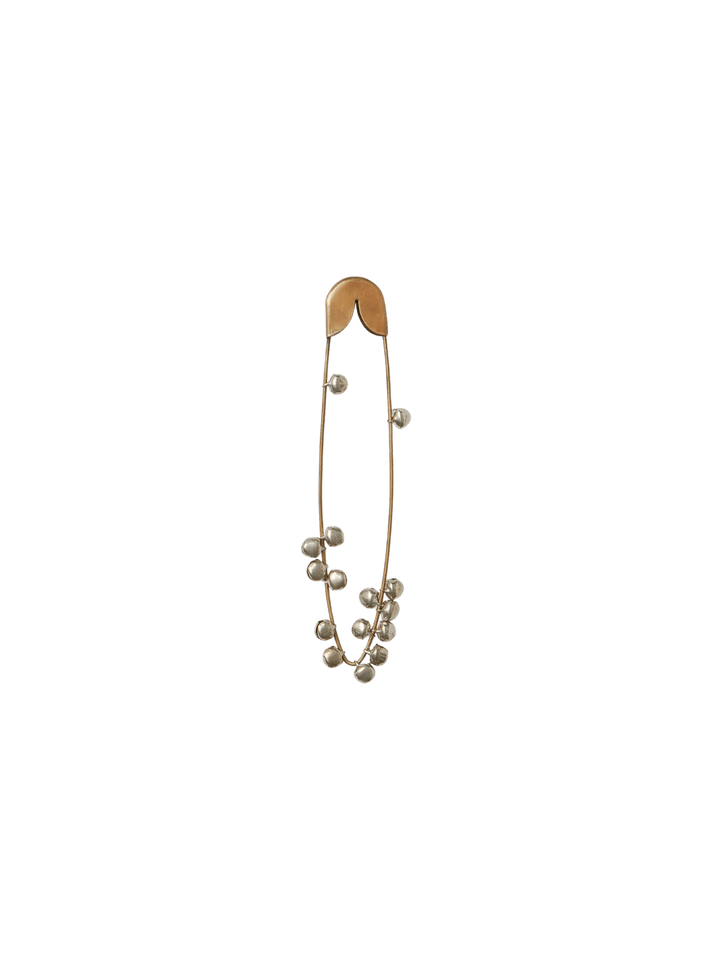 Fog Linen Work Brass Safety Pin Bell Small showing the slender brass pin adorned with several small, dangling metallic bells against a transparent background | Twentyseven Toronto