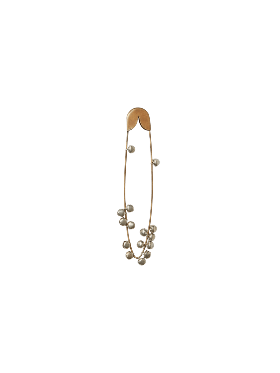 Fog Linen Work Brass Safety Pin Bell Small showing the slender brass pin adorned with several small, dangling metallic bells against a transparent background | Twentyseven Toronto