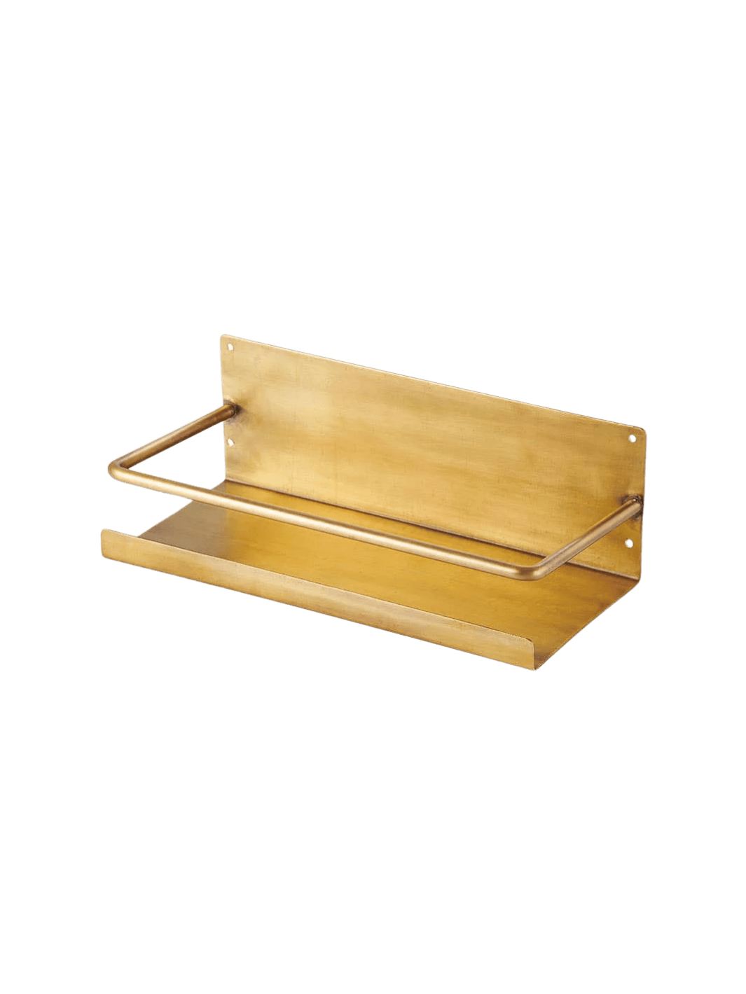 Brass Shelf from Fog Linen Work, a minimalist wall-mounted organizer featuring a protective front rail and an elegant aged brass finish | Twentyseven Toronto