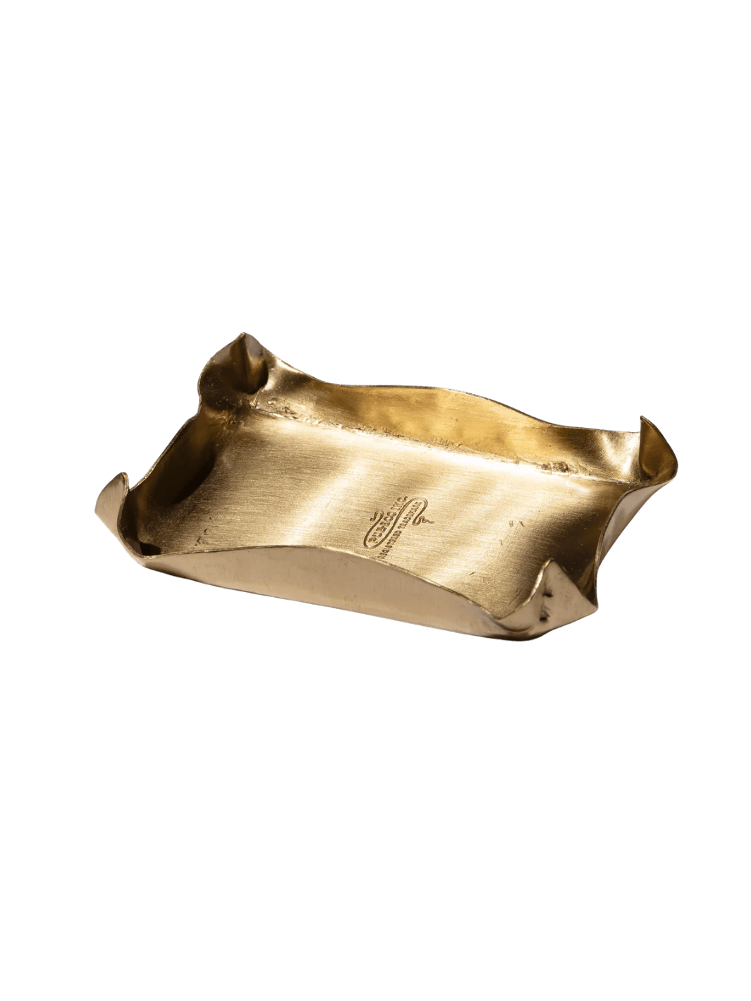 The gold Brass Small Tray from Puebco features distinctively pinched, sculptural corners and a shallow rectangular design | Twentyseven Toronto
