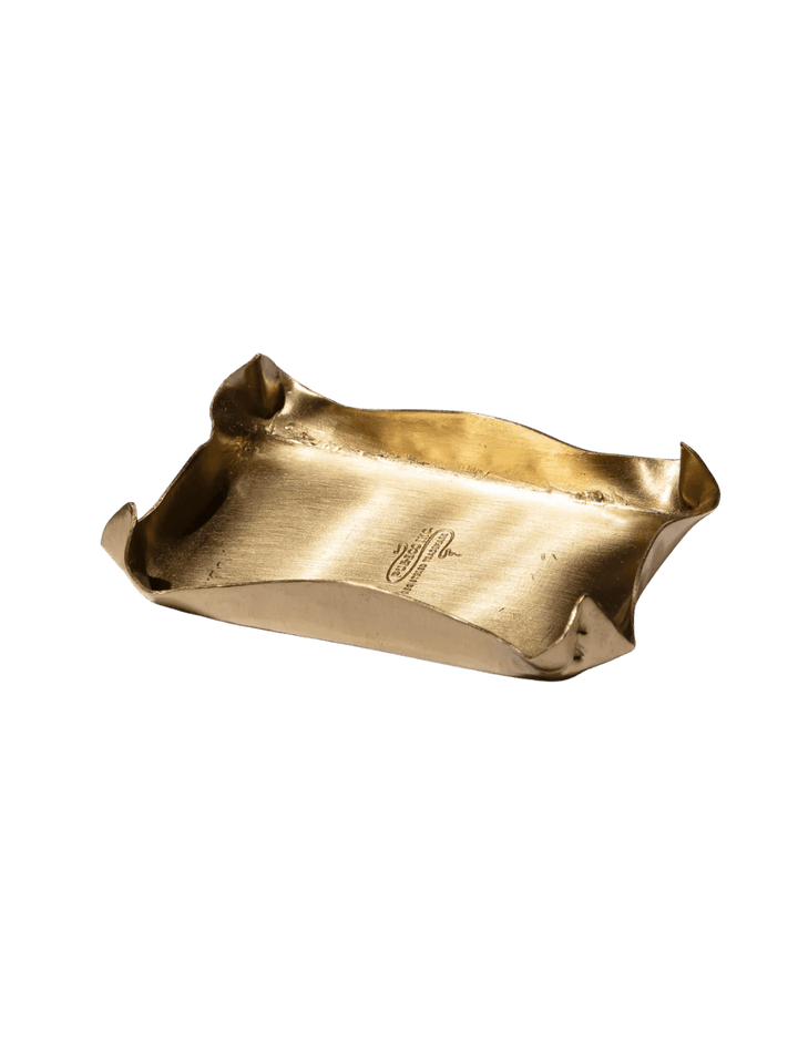 The gold Brass Small Tray from Puebco features distinctively pinched, sculptural corners and a shallow rectangular design | Twentyseven Toronto