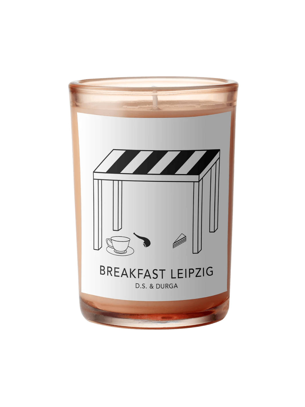 DS&Durga candle in an orange glass jar labeled 'Breakfast Leipzig' featuring cafe illustrations on a transparent background | Twentyseven Toronto