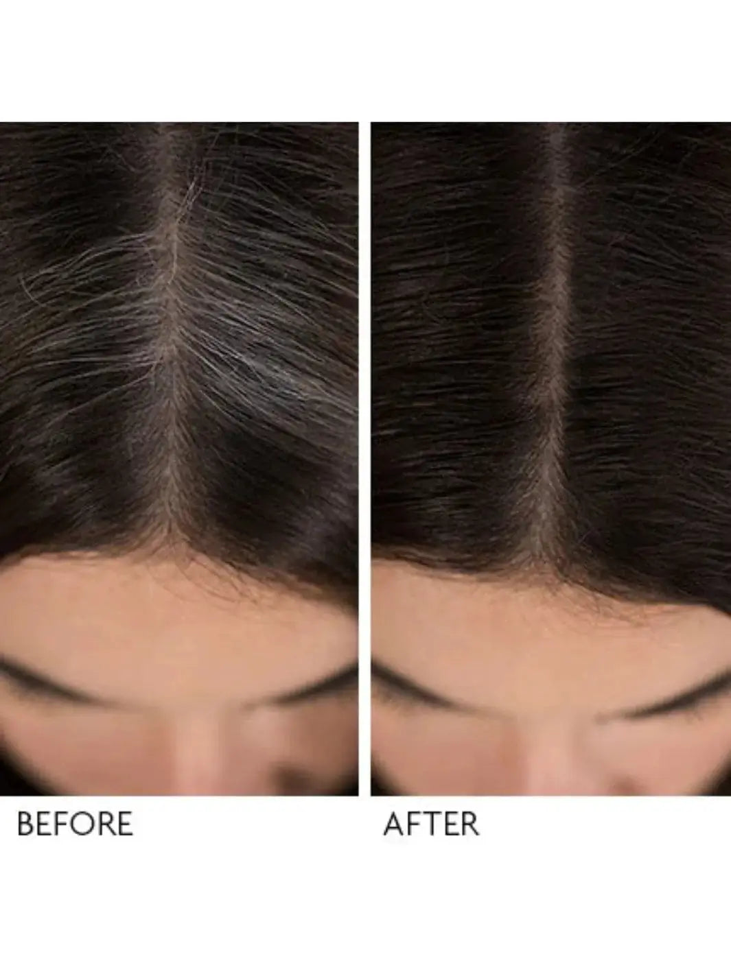 A side-by-side comparison displays a woman's hair part before and after applying R+Co BRIGHT SHADOWS Root Touch Up Spray - Dark Brown to seamlessly cover gray roots | Twentyseven Toronto