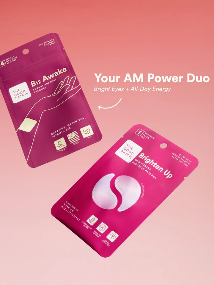 The Good Patch Brighten Up Undereye Patches and B12 Awake patch shown as an AM wellness duo | Twentyseven Toronto