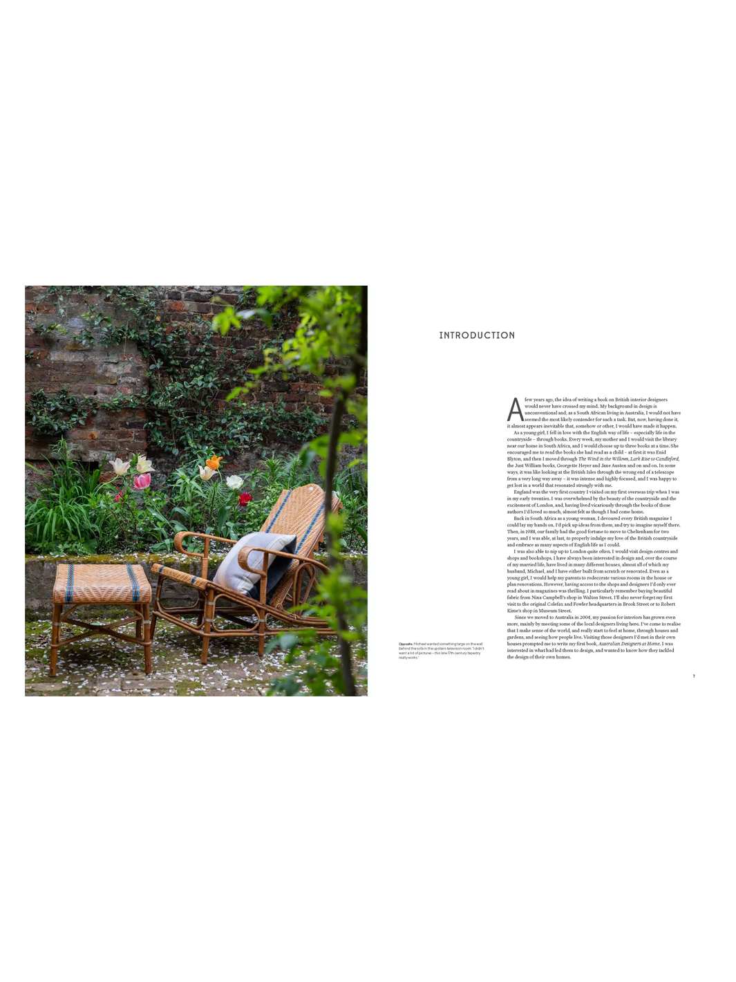 Introduction spread from British Designers at Home featuring a garden seating area beside a brick wall | Twentyseven Toronto