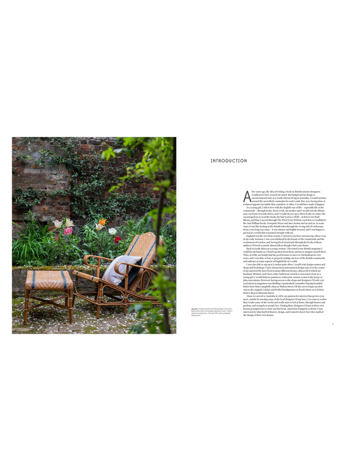 Introduction spread from British Designers at Home featuring a garden seating area beside a brick wall | Twentyseven Toronto