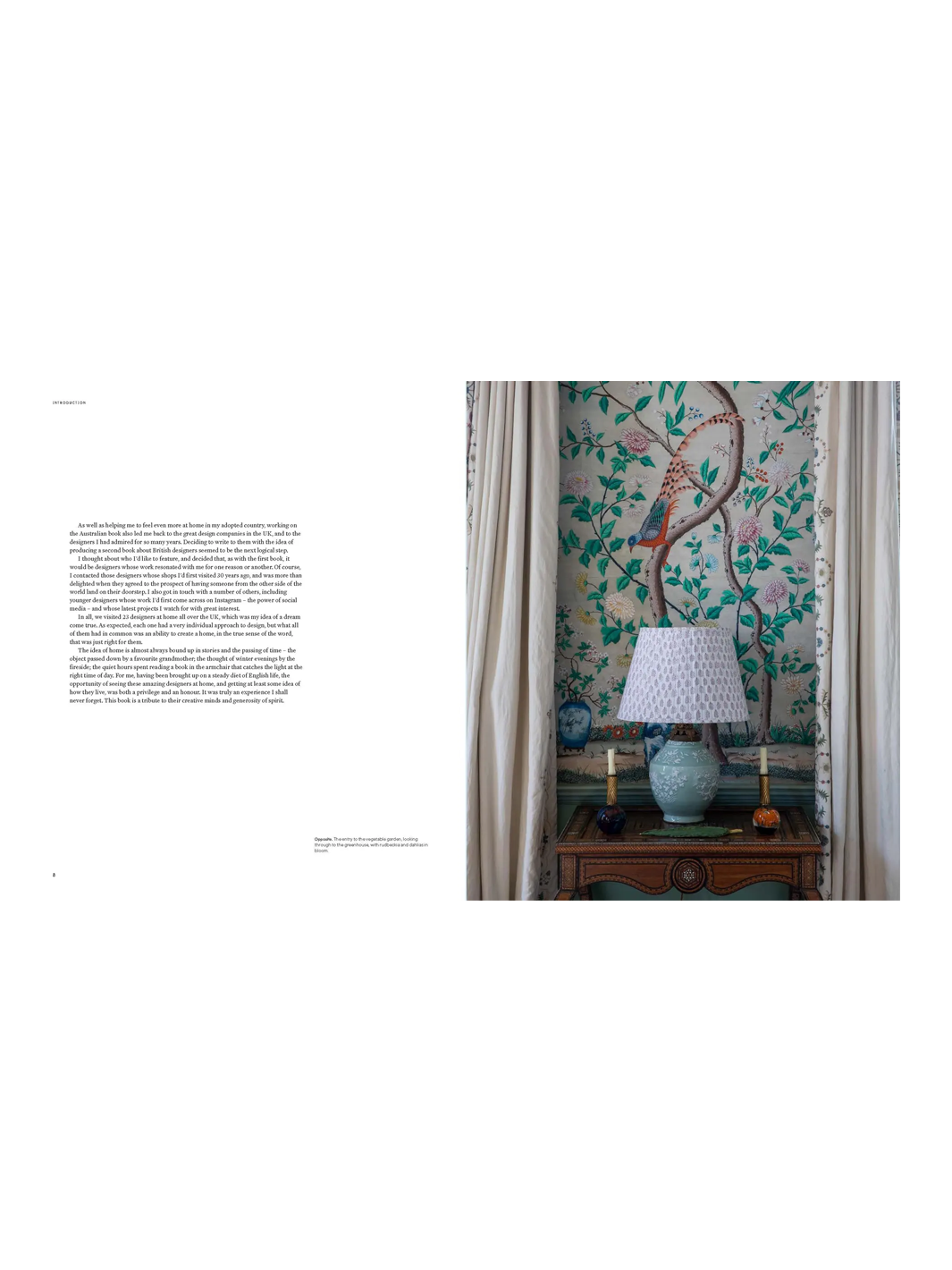 Interior spread from British Designers at Home featuring a decorative botanical wall covering, table lamp and antique console | Twentyseven Toronto