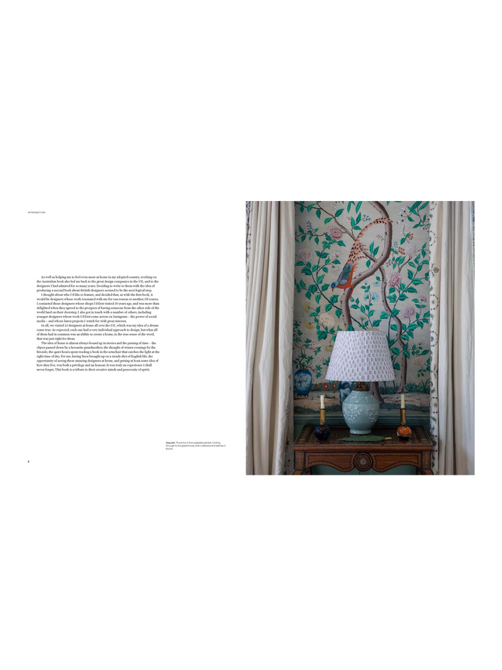 Interior spread from British Designers at Home featuring a decorative botanical wall covering, table lamp and antique console | Twentyseven Toronto