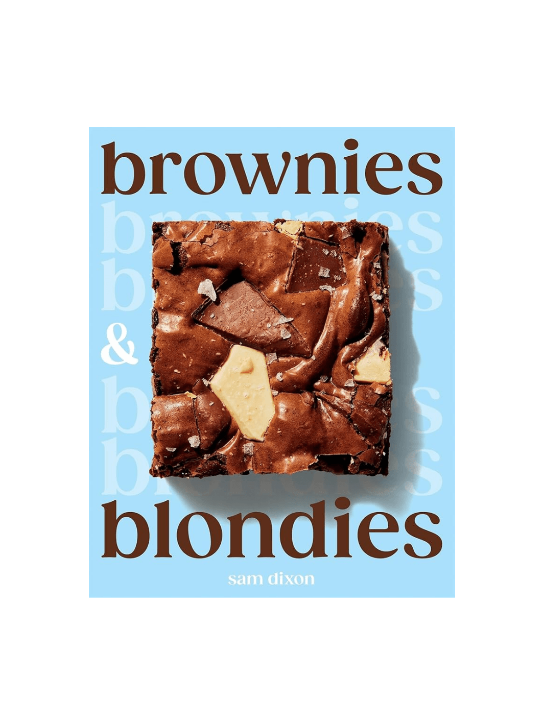 "Brownies & blondies" cookbook cover against a transparent background with blue cover design and the central brownie photograph | Twentyseven Toronto