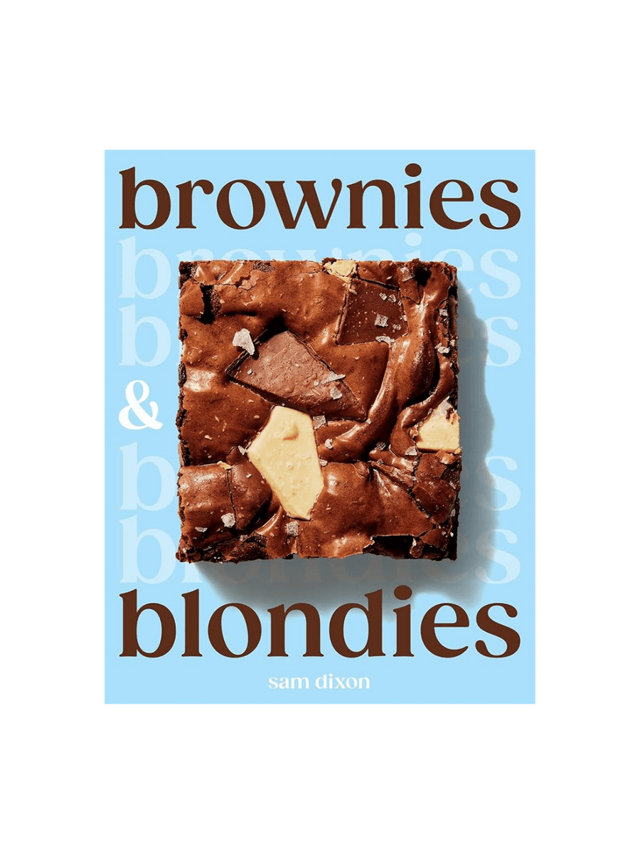 "Brownies & blondies" cookbook cover against a transparent background with blue cover design and the central brownie photograph | Twentyseven Toronto