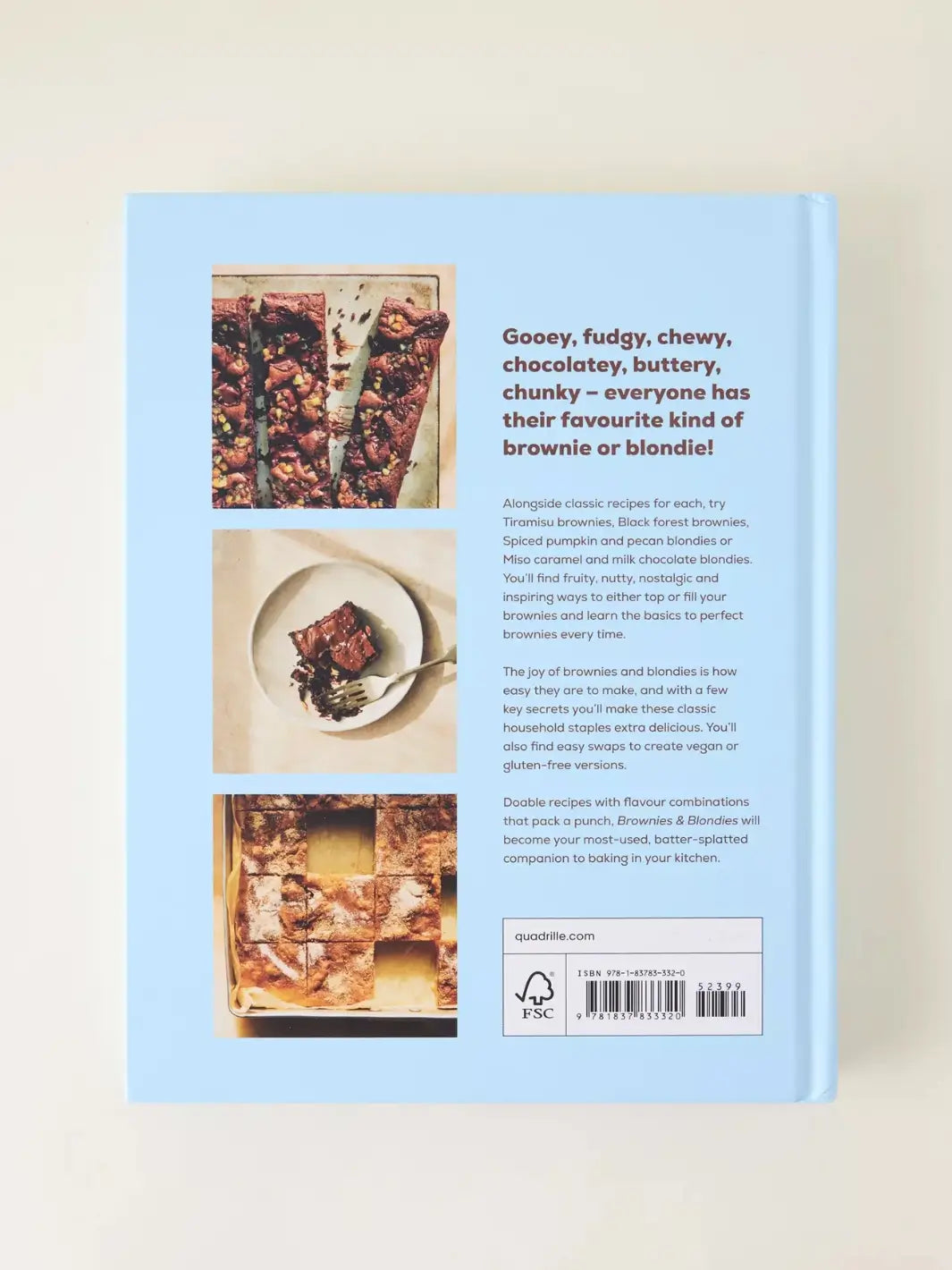 The light blue back cover of the "Brownies and Blondies" cookbook featuring three smaller photos of different baked goods: sliced brownies with nuts, a single brownie on a plate with a fork, and a full tray of bars | Twentyseven Toronto
