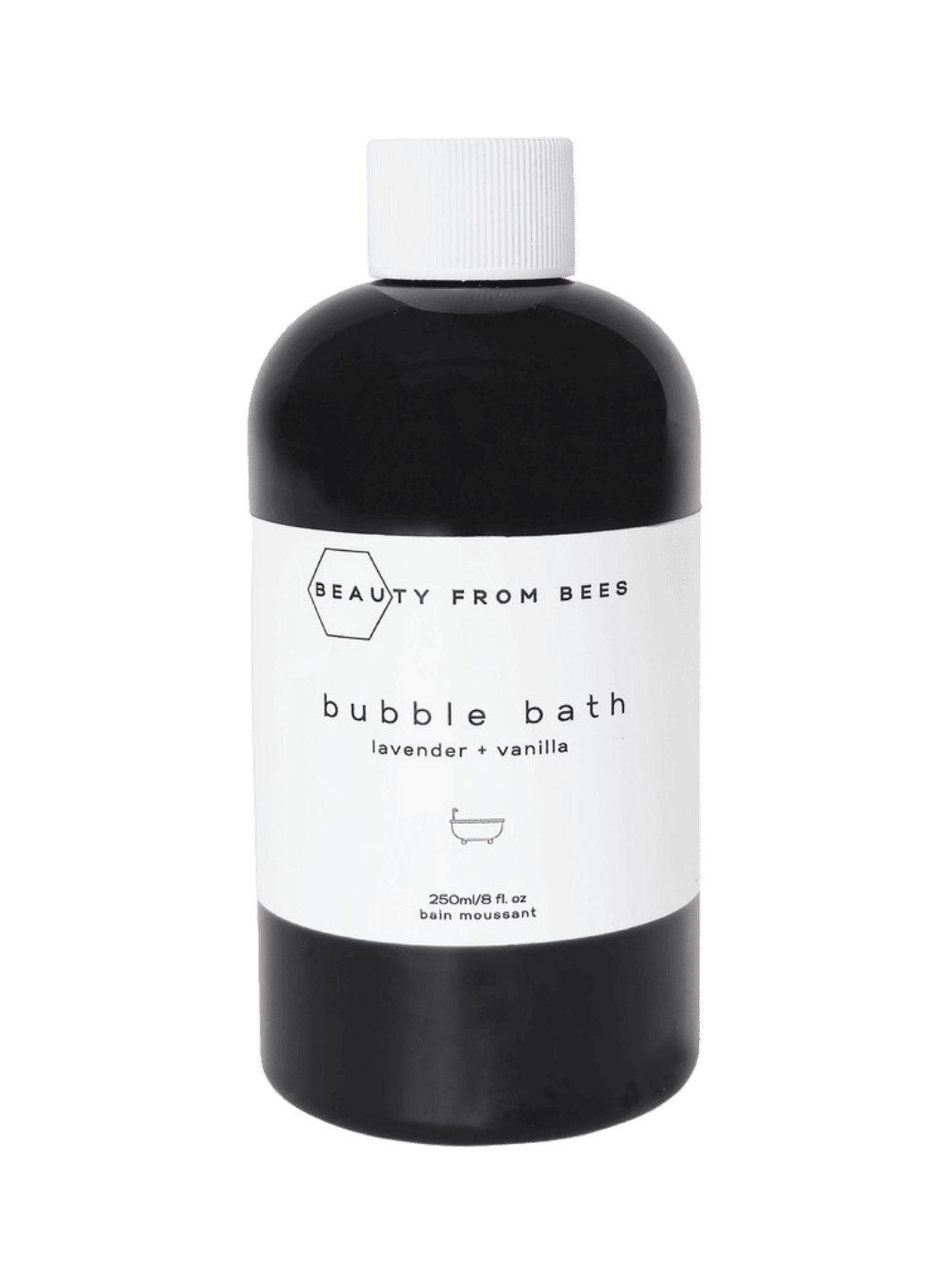 Black bottle of bubble bath in Lavender + Vanilla from Beauty from Bees with a white label on a transparent background | Twentyseven Toronto