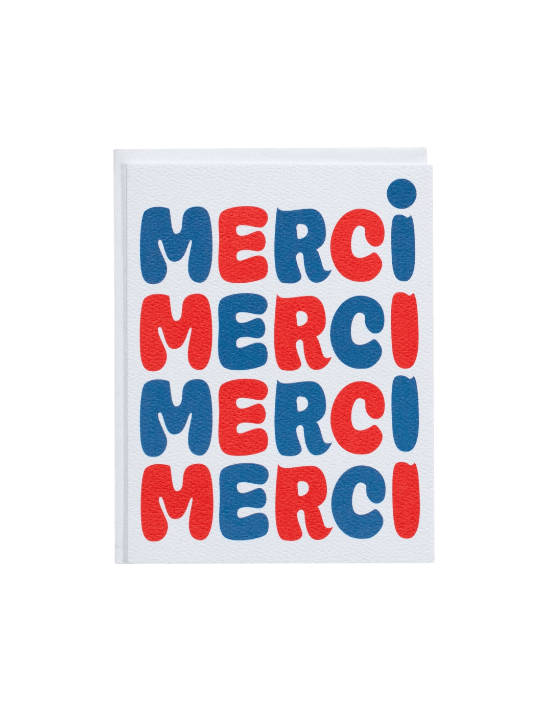 The Banquet Workshop Bubble Merci Note Card features the word "MERCI" repeated four times down the front in a bold, retro blue and red bubble font on a textured white card | Twentyseven