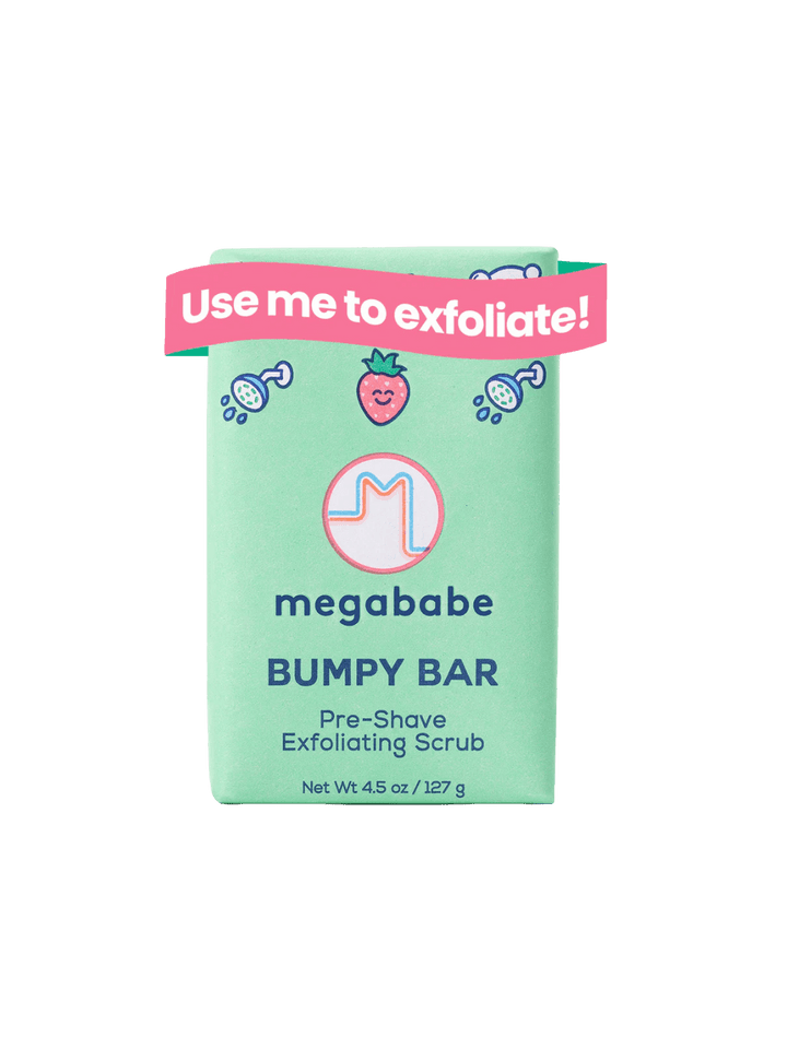 Megababe Bumpy Bar Pre-Shave exfoliating scrub with green packaging on a transparen background | Twentyseven Toronto